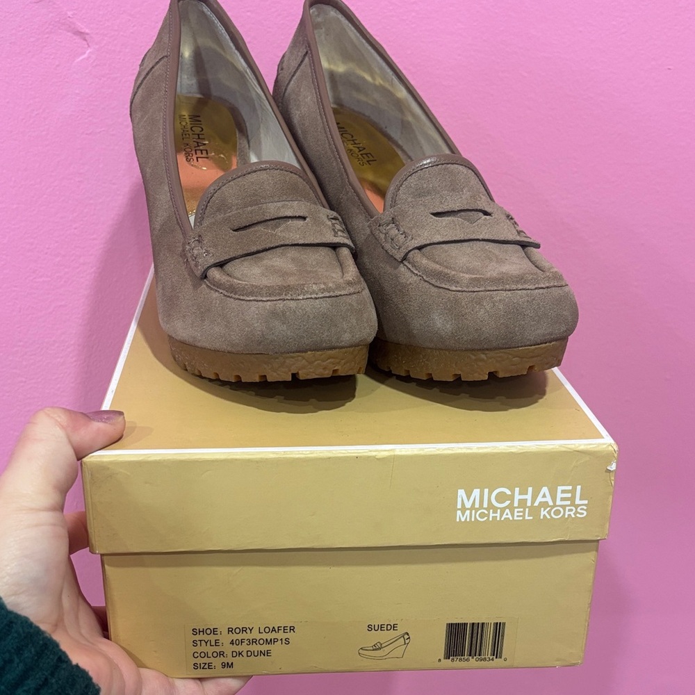MICHAEL Michael Kors Suede Penny Loafers in Taupe Brown